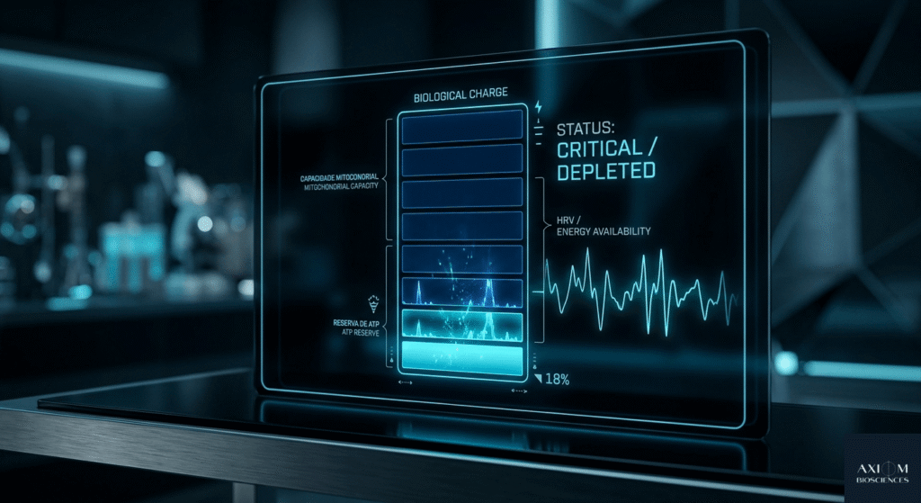 Painel digital de biohacking exibindo um gráfico de bateria com status 'CRITICAL / DEPLETED' a 18%, ilustrando a falha mitocondrial e o esgotamento da carga biológica no burnout fisiológico.