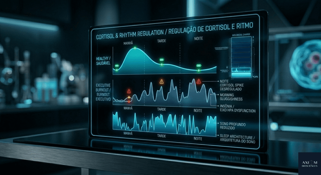Gráfico comparativo no dashboard Axiom OS mostrando a regulação de cortisol saudável versus o burnout executivo desregulado, ilustrando picos noturnos de cortisol, disfunção do eixo HPA e arquitetura do sono fragmentada.