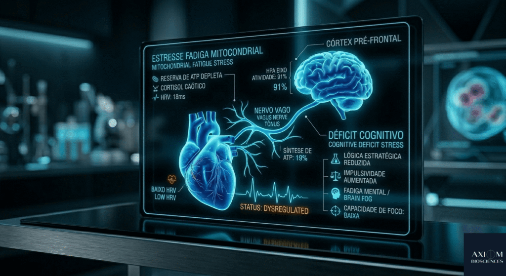 Infográfico científico-tecnológico mostrando a conexão entre o tônus do nervo vago e o córtex pré-frontal, ilustrando como o HRV baixo afeta a lógica estratégica e a capacidade de decisão sob estresse.