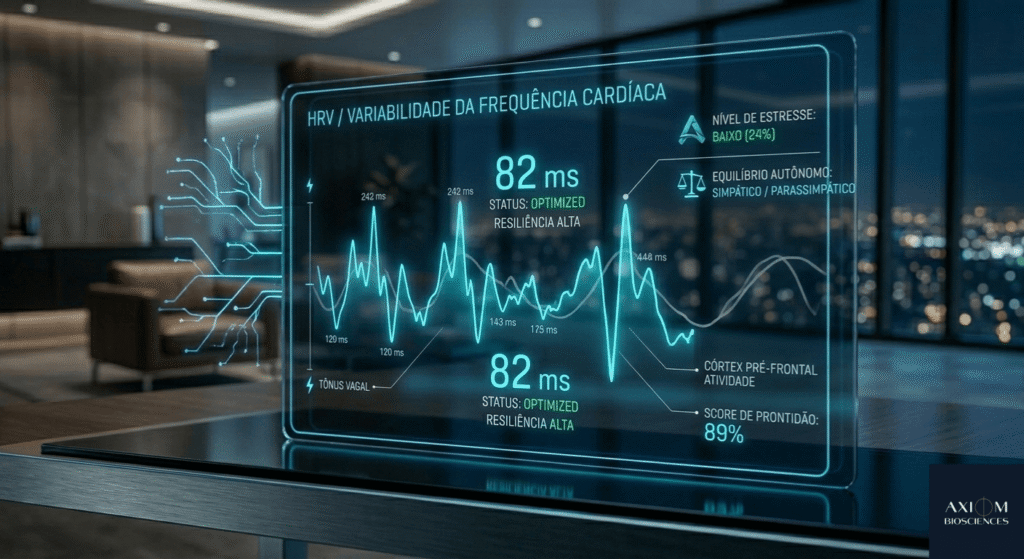 Interface digital de biometria avançada exibindo o dashboard de HRV (Variabilidade da Frequência Cardíaca) com métricas de resiliência, prontidão de 89% e equilíbrio do sistema nervoso autônomo para performance executiva.