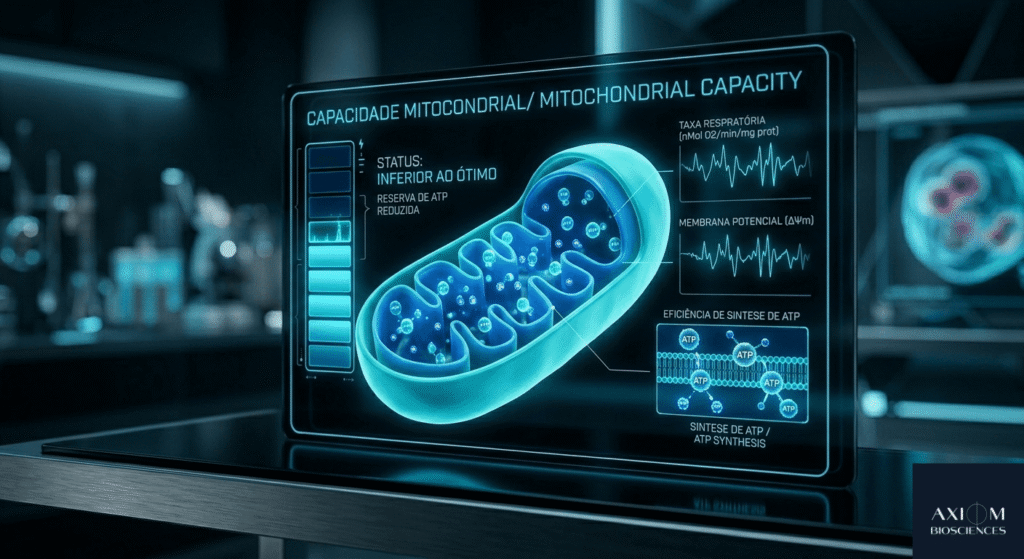 Visualização de dados médicos mostrando um modelo 3D de uma mitocôndria no dashboard da Axiom OS com status 'Inferior ao Ótimo', ilustrando a redução na síntese de ATP e eficiência mitocondrial no burnout fisiológico.