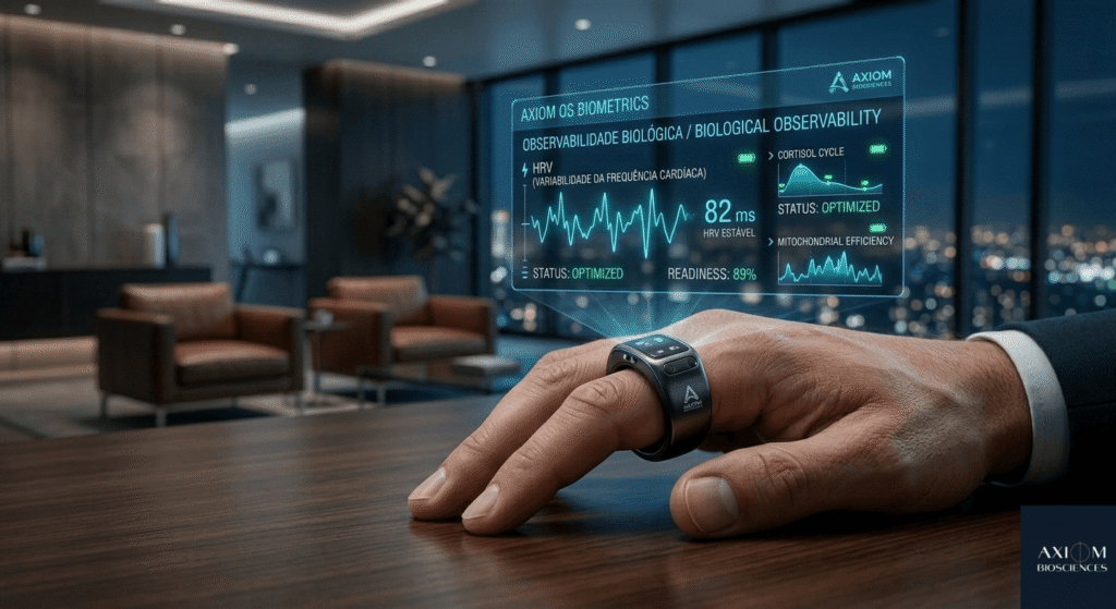 Executivo em escritório de luxo monitorando variabilidade da frequência cardíaca (HRV) em tempo real através de smart ring premium para detecção precoce de sinais de burnout fisiológico.