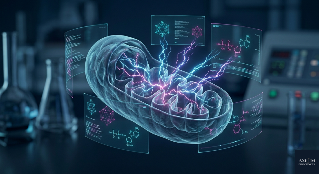 Visualização biotecnológica de uma mitocôndria estilizada pulsando debilmente com energia cian e magenta, ilustrando baixa produção energética celular.