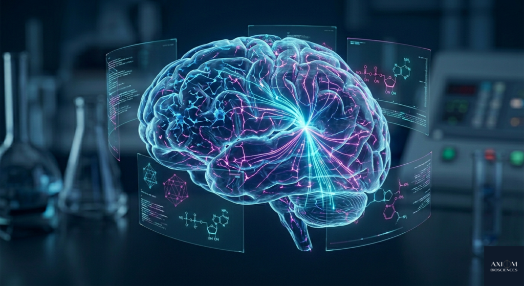 Visualização holográfica de um cérebro pulsando com energia cian e magenta, ilustrando neuroplasticidade e restauração cognitiva.