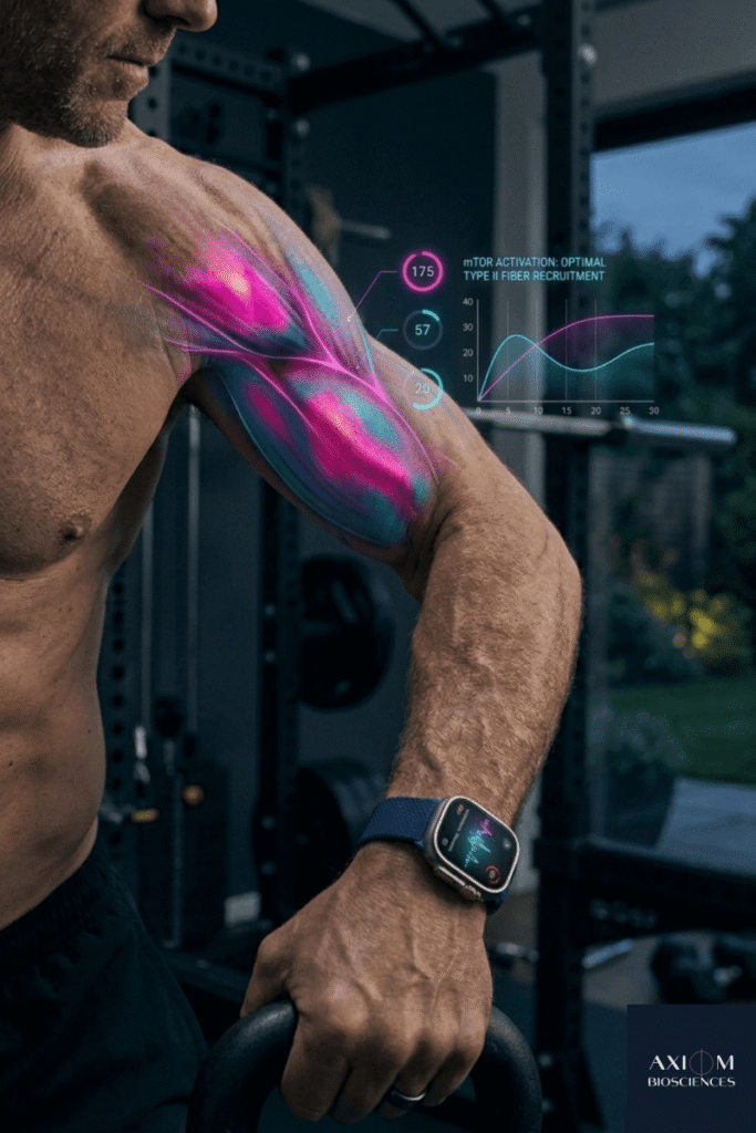 A imagem foca na biomecânica de um movimento de força, mas com uma lente biométrica. Vemos um plano próximo do bíceps e antebraço de um Life-Athlete com mais de 40 anos, com a pele texturizada e definida, contraindo-se sob tensão. Sobre a musculatura, há um mapeamento infravermelho e um gráfico holográfico sutil de calor e atividade celular (via mTOR). A iluminação é dramática, em tons de magenta e cian profundo, enfatizando a força e a precisão da contração, com o wearable e o anel inteligente visíveis.