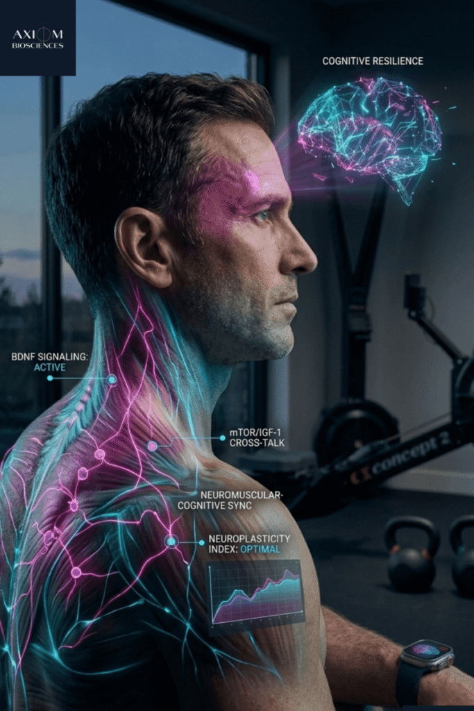 Vemos um perfil lateral do rosto de um homem maduro, focado e calmo, mas com a câmera focada na parte superior da bochecha e na têmpora. Da sua pele, flui uma projeção de data streams e gráficos moleculares discretos, similares às miocinas e à rede cian/magenta. Esta projeção flui diretamente em direção a um símbolo cerebral holográfico mais acima, que exibe os dizeres "BDNF RELEASE: OPTIMAL" (Liberação de BDNF: Ideal), simbolizando a neuroproteção induzida pelo exercício. A iluminação é suave e restauradora, em tons de azul profundo e magenta.