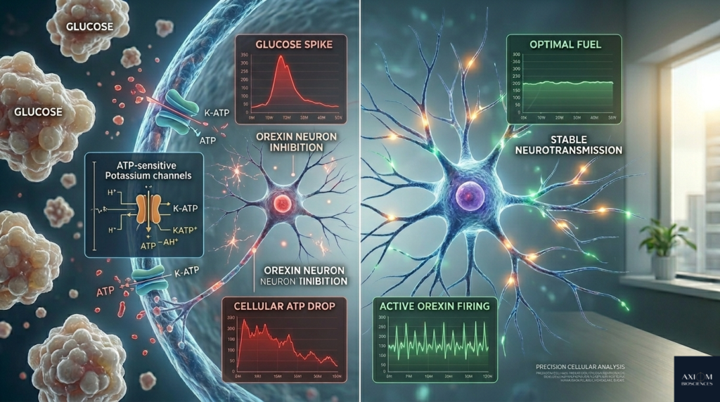 Um infográfico científico de análise celular dividido em duas partes, sem logotipos corporativos. O lado esquerdo mostra um neurônio de orexina sofrendo inibição devido a moléculas táteis de glicose ao redor, acompanhado por gráficos flutuantes vermelhos com os títulos "Glucose Spike" (pico de glicose) e "Cellular ATP Drop" (queda de ATP celular). O lado direito mostra o funcionamento saudável e bioestimulado do neurônio sob "Optimal Fuel" (combustível otimizado), exibindo gráficos verdes e estáveis de "Stable Neurotransmission" (neurotransmissão estável) e "Active Orexin Firing" (disparo ativo de orexina). O fundo simula um ambiente de escritório moderno e iluminado por luz natural.