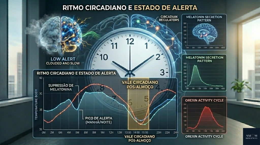 Um diagrama técnico detalhado sobre o ritmo circadiano e o estado de alerta, centralizado em um grande relógio analógico transparente. No canto superior esquerdo, há uma ilustração de um cérebro lento e enevoado com a etiqueta "Low Alert". Na parte inferior, um gráfico cartesiano cruza a curva de temperatura corporal (linha vermelha) com a de alerta biológico (linha azul), destacando com uma faixa vertical amarela a janela do "Vale Circadiano Pós-Almoço" entre 13h e 15h, onde ambas as métricas caem. O lado direito apresenta gráficos adicionais sobre o padrão de secreção de melatonina e o ciclo de atividade da orexina ao longo das 24 horas do dia. Sem logotipos.