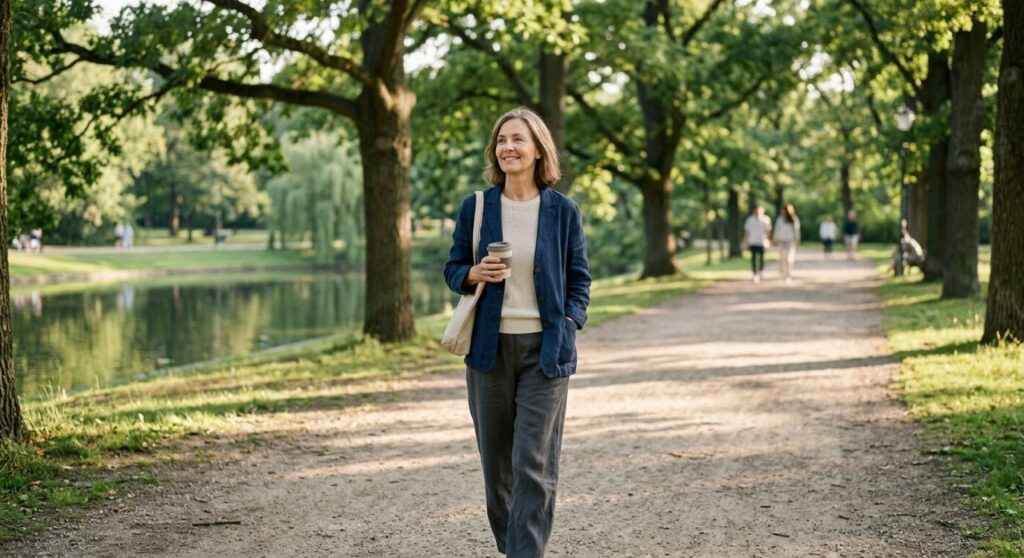 Uma mulher de meia-idade, com cabelos castanhos claros na altura dos ombros, caminha sorrindo por um caminho de terra em um parque arborizado, na imagem 3 HÁBITOS.jpg. Ela veste um casaco azul marinho aberto sobre uma blusa de malha branca e calças escuras, e carrega uma bolsa de tecido branca no ombro esquerdo. Na mão direita, segura um copo de café descartável. O caminho é ladeado por grandes árvores frondosas com gramados verdes e um lago visível à esquerda. Outras pessoas passeiam ao longe no caminho atrás dela. A luz natural do dia ilumina a cena, criando sombras suaves.