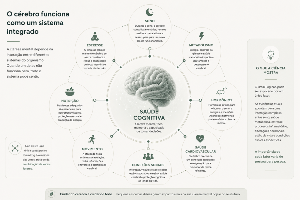 Aqui está um texto alternativo completo e estruturado para o infográfico, garantindo a acessibilidade de todas as informações textuais e conceituais presentes na imagem:

Texto alternativo:

Infográfico institucional com fundo off-white e elementos gráficos em tons de verde-escuro e cinza. O título principal, no canto superior esquerdo, diz: "O cérebro funciona como um sistema integrado". Abaixo, há um texto introdutório: "A clareza mental depende da interação entre diferentes sistemas do organismo. Quando um deles não funciona bem, todo o sistema pode sentir."

No centro do infográfico, há a ilustração tridimensional e detalhada de um cérebro humano em tons de cinza. Logo abaixo dele, lê-se o tema central: "SAÚDE COGNITIVA — Clareza mental, foco, memória e capacidade de tomar decisões."

Ao redor do cérebro, organizados em um diagrama circular conectado por linhas pontilhadas delgadas e pequenos nós, estão dispostos sete círculos brancos. Cada círculo contém um ícone minimalista na cor verde, um subtítulo e uma breve descrição dos pilares que afetam a saúde cognitiva. No sentido horário, começando pelo topo, os pilares são:

SONO (Ícone de lua e estrelas): "Durante o sono, o cérebro consolida memórias, remove resíduos metabólicos e se recupera para um novo dia de funcionamento."

METABOLISMO (Ícone de raio): "Energia, controle da glicose e saúde metabólica impactam diretamente o desempenho cerebral."

HORMÔNIOS (Ícone de estrutura molecular): "Hormônios influenciam o humor, o sono, a energia e a memória. Alterações hormonais podem afetar a clareza mental."

SAÚDE CARDIOVASCULAR (Ícone de coração com linha de batimento cardíaco): "O cérebro precisa de um bom fluxo sanguíneo e oxigenação para funcionar de forma eficiente."

CONEXÕES SOCIAIS (Ícone de três silhuetas de pessoas juntas): "Interação, vínculos e apoio social estão associados a melhor saúde cerebral e proteção cognitiva ao longo da vida."

MOVIMENTO (Ícone de uma pessoa correndo): "A atividade física estimula a circulação, reduz inflamações e favorece a plasticidade cerebral."

NUTRIÇÃO (Ícone de uma tigela com folhas/brotos): "Nutrientes adequados são essenciais para neurotransmissores, proteção neuronal e produção de energia."

ESTRESSE (Ícone de uma silhueta humana com um ponto de exclamação na cabeça): "O estresse crônico mantém o cérebro em alerta constante e reduz a capacidade de foco, memória e tomada de decisão."

O infográfico traz ainda três blocos de texto de suporte nas extremidades:

Canto inferior esquerdo (em um pequeno box com ícone de setas divergentes): "Não existe uma única causa para o Brain Fog. Na maioria das vezes, trata-se da combinação de vários fatores."

Lateral direita (em um box vertical alongado com ícone de lâmpada acesa): "O QUE A CIÊNCIA MOSTRA — O Brain Fog não pode ser explicado por um único fator. As evidências atuais apontam para uma interação complexa entre sono, saúde metabólica, estresse, processos inflamatórios, alterações hormonais, estilo de vida e condições clínicas específicas. A importância de cada fator varia de pessoa para pessoa."

Rodapé (em uma faixa horizontal cinza-clara com ícone de folha): "Cuidar do cérebro é cuidar do todo. Pequenas escolhas diárias geram impactos reais na sua clareza mental hoje e no seu futuro."